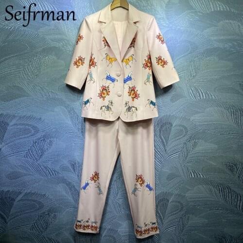 Seifrmann Women Summer Fashion Designer Pants Set Long Sleeve Print Bodycon Coats + High Waist Long Pants 2 Two Pieces Suits