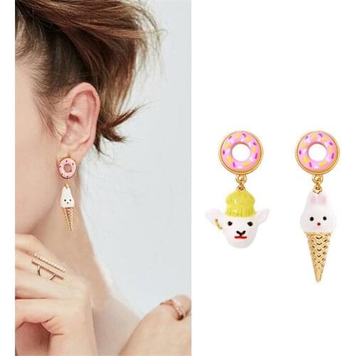 European and American New Fashion Donut Stud Earrings Wild Enamel Cute Rabbit Lamb Asymmetric Earrings Gift Student Earrings