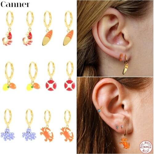 CANNER Real 925 Sterling Silver New Shrimp Crab Marine Animal Elements Drip Oil Charm Hoop Earring Aros Circle Loop Fine Jewelry