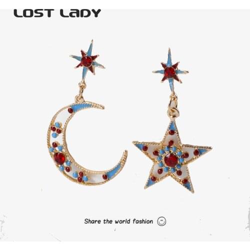 Lost Lady Star+Moon Drop Earrings Bohemian Statement Earrings for Women Fashion Asymmetrical Earrings Party Jewelry Girl Gifts