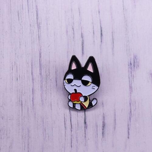 Pretty Anime Cat Holding An Apple Enamel Lovely Cartoon Brooch For Lapel Coat Scarf Sweater Badge