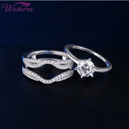 Wuziwen 2 Pcs 925 Sterling Silver Wedding Rings Set For Women Solitaire Round Cut Engagement Ring Eternity Stacking Band BR0909