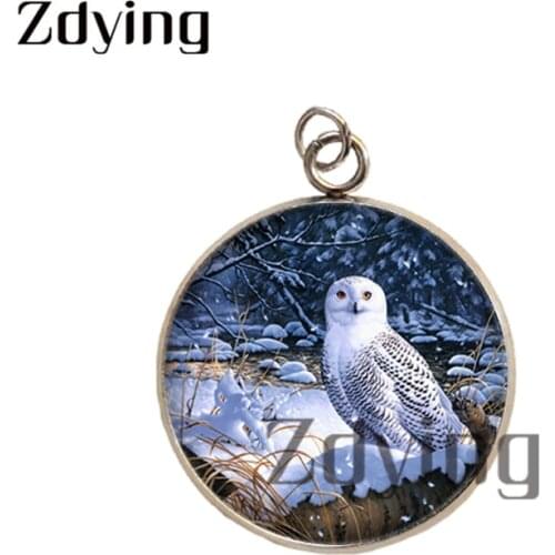 Zdying Round Stainless Steel Base Animal Owl Pendant Glass Photo Cabochon Charm for DIY Jewelry Making Accessories WO32