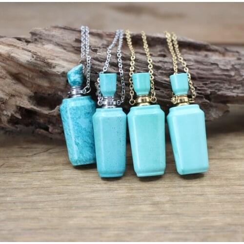 Natural Turquoises Perfume Bottle Pendants Chains Blue Howlite Stone Essential Oil Vial Charms Necklace Fashion Jewelry QC1087
