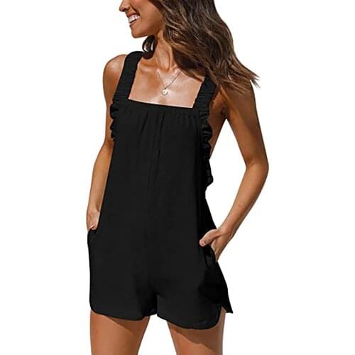 2021 Summer Womens Jumpsuit Solid Color Ruffle Sleeveless Straps Square Neck Loose Jumpsuit Dungarees Short Pants Jumpsuits