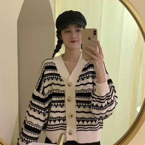 Vintage Stripe Sweater Cardigan Knitwear Autumn Winter 2020 Woman Sweaters Femme Chandails Pull Hiver