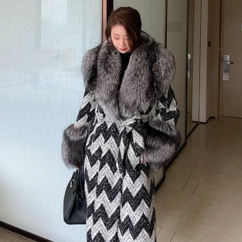 2020 Winter Women Wool Coat with Huge Real Silver Fox Fur Collar And Luxury Cuffs X-Long Style Fur Clothing Overcoat Jacket