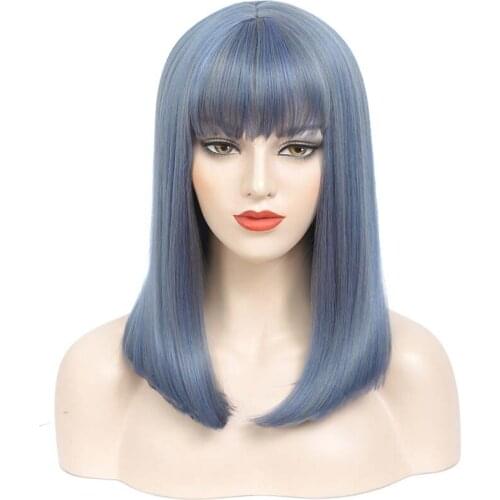 14Inch Gray Blue Purple Red Highlights Short Bob Synthetic Wigs Cosplay Wigs With Bangs For Women Girls Lolita Cute Daily Wigs