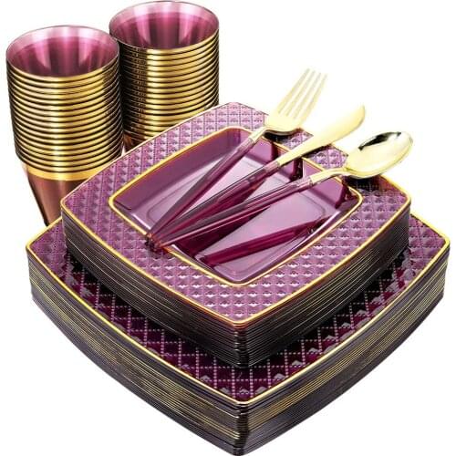 50PCS Disposable Tableware Purple Square Plastic Plate and Golden Silverware With Purple Handle Set Wedding Party Supplies