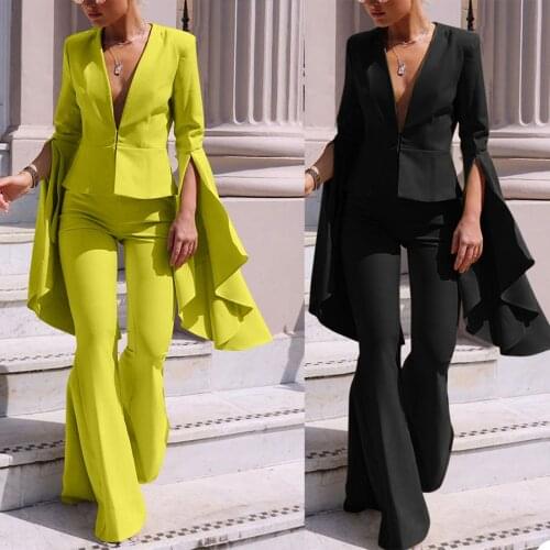 Elegant V Neck Women Blazer Fashion Flare Sleeve & Pants Suits Streetwear Business Office Lady Wear 2 Pieces Set