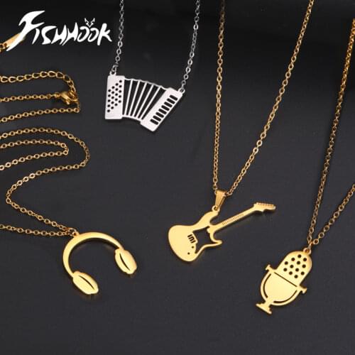 Fishhook Music Guitar Musical Microphone Drum Rock Pop Singer Necklace Rose Gold Color Stainless Steel Gift For Woman Jewelry