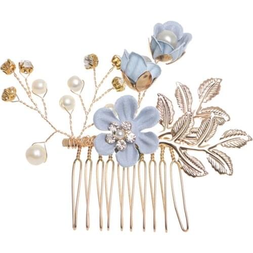 Luxury Blue Pink Flower Hair Combs Headdress Prom Bridal Wedding Hair Accessories Gold Color Leaves Hair Jewelry Hair Pins