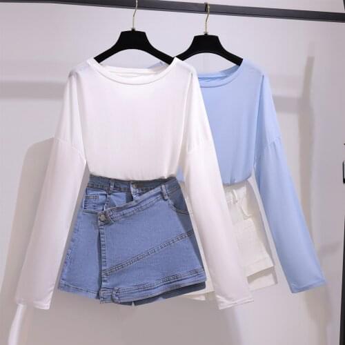 Korean 2 pieces shorts sets summer full sleeve solid casual tops and denim shorts 2 pieces sets women clothing two pieces outfit