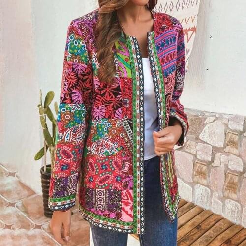 2020 Women Autumn Winter Ethnic Floral Print Long Sleeve Loose Jacket Coat Cardigan Women Basic Outerwear Coats
