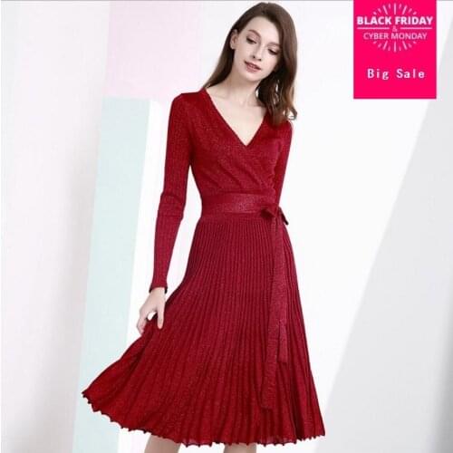 Fashion sxey sequined dark V knitting Pleated dress female 2018 spring autumn new patchwork high waist long sleeve dress L717