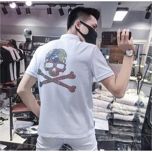 Fashion handsome mens polo shirt mens skull polo shirt mens short sleeve shirt skull crystal brand clothing in summer