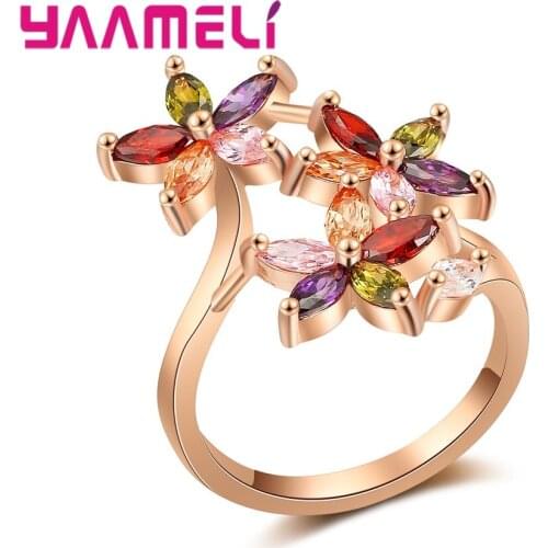 New Arrival 3 Colorful Cubic Zirconia Stone Flowers Finger Rings For Women Ladies Rose Gold Color Jewelry Crystal Gift