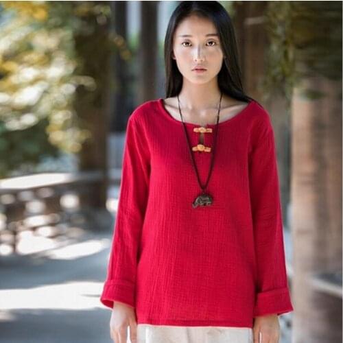 Plus Size S-4XL/5XL/6XL New Elegant Vintage Styles Long sleeve Women Tops, Cotton Linen National Button Shirts Big Size White