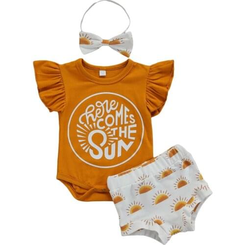 Newborn Toddler Baby Girls Clothes Sets Letter Printed Romper Top+Shorts+Headband 3pcs Outfit Set Summer Infant Clothing Set