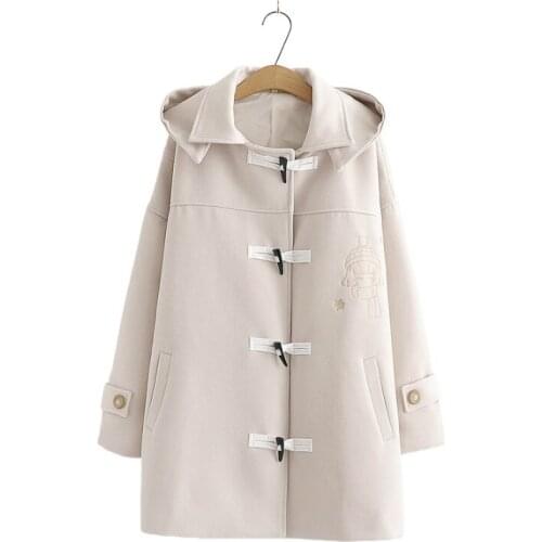 Solid Straight Horn Button Long Coats Women 2020 Autumn Winter Long Sleeve Casual Preppy Style Female Warmness Hooded Outwear