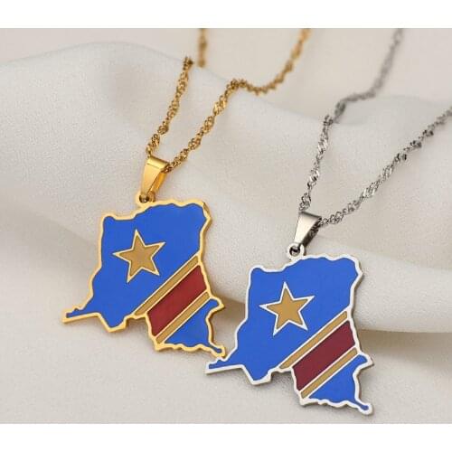Democratic Republic of the Congo Map Colored Flag Pendant Gold/Silver Color DRC Kinshasa Necklace Ethnic Stainless Steel Jewelry