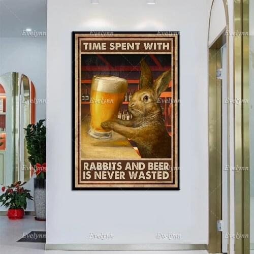 Rabbit Poster- Time Spent With Rabbits and Beer Is Never Wasted,Love Rabbits and Beer Prints, Vintage Rabbit Wall Art HomeDecor