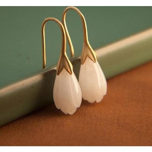 S925 Sterling Silver Gildings Pedicel Bud Inlaid Natural Hetian Jade Magnolia Earrings Eardrops Female Exquisite and Beautiful