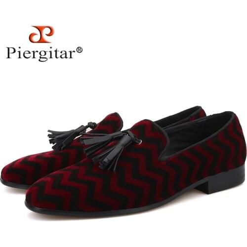 Piergitar mixed color plaid pattern with black leather tassel men velvet shoes party and wedding mens loafers men dress shoes