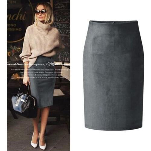 2021 New Deerskin Velvet Womens Daily Simple Winter Girls' Professional Wrap Hips High Waist Self-cultivation Skirt Gray