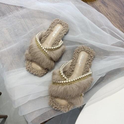 Apanzu Winter Warm Real Fur Slippers Woman Beaded Sequins Bling Plush Women Shoes Women Furry Natural Rabbit Hair Shoes