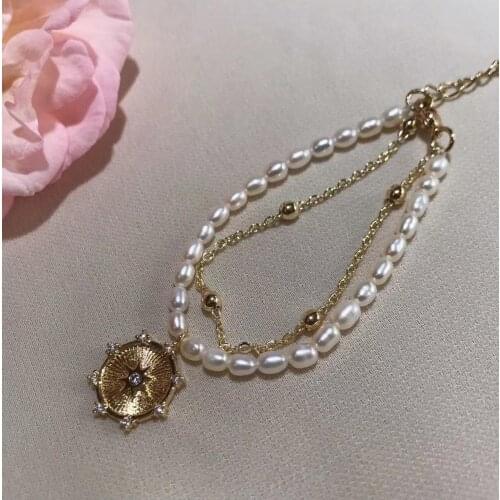 Retro Punk style Real Pearls Gold Coin Bracelet,Cultured Freshwater Akoya Pearls women Bracelet for Cool girl Daily wear decor