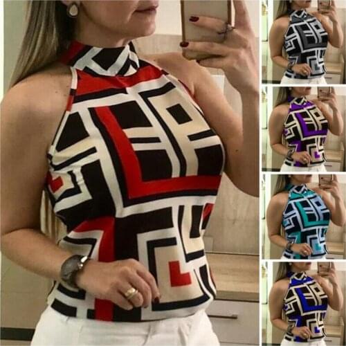 New Fashion Women Summer Slim Geometric Print Vest Tops Sleeveless Casual Blouse Tee T-Shirt