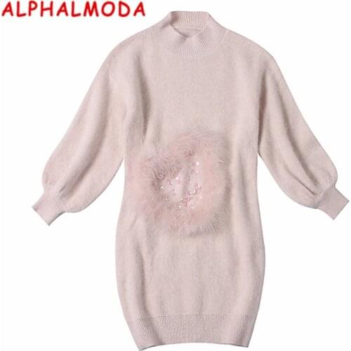 ALPHALMODA Winter Ladies Sweet Diamonds Quality Dress Lantern-sleeve Lovely Fur Shape Pullovers Women Fashion Quality Vestidios