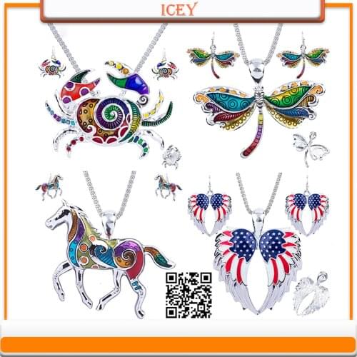 1set Dragonfly Necklace Angel Wings Earring Set Alloy Crab Animal Pendant Elephant Jewelry Sets Starfish Charm Horse Accessories