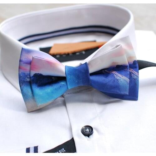 As a gift fashion handmade Retro blue Snow Mountain design Creative black bow tie/ party wedding box packing 1pc