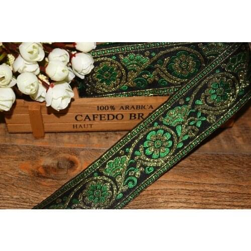 10yards/lots Woven Jacquard Ribbon 4-5cm black background green flowers pattern IS-3201