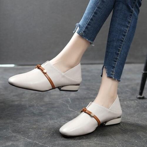2021 Casual Comfortable Square Head Soft Leather Pumps Slip-on Yellow Beige Low with Chunky Heels Womens Shoes