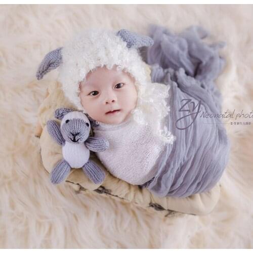 White Angora Goat Bonnet Toy Set Newborn Fluffy Stretch Knit Wrap Baby Stuffer Animal Filler Toys Layer Fabric Photography Props