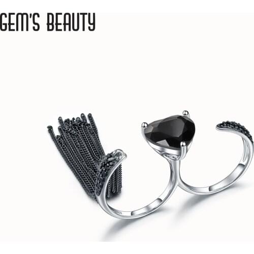 GEMS BEAUTY 925 Sterling Silver Handmade Adjustable Open Rings For Women Heart Cut Natural Black Onyx OK Fashion Jewelry Rings