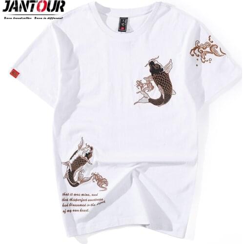 Jantour brand summer embroidered short-sleeved T-shirt male Brocade carp ethnic style loose large size cotton shirt Big M-3 4xl