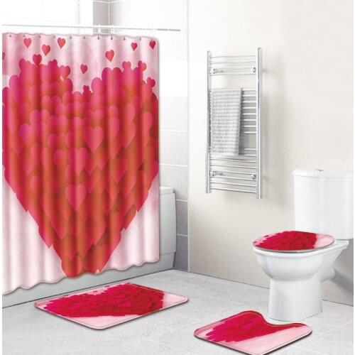 Love Heart Shower Curtain Set Polyester Waterproof Bath Curtain 180x180cm With Bathroom Mat Set