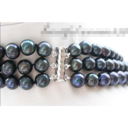 Charming 3row 9mm black round freshwater cultured pearl necklace 17"
