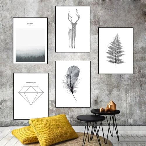 Nordic Style Deer Black and White Leaf Feather Poster Print Minimalist Wall Canvas Painting Forest Landscape Picture Home Decor