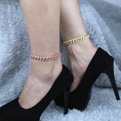 Drop ship hip hop bling leg chain cuban anklet jewelry for women beach foot jewelry with cz paved rose gold color cuban chain