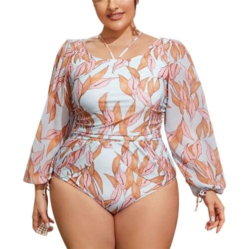 Size L-3XL 4XL Swimsuits Women Conservative One-Piece Bathing Suits Lady Plant Print Long Sleeve U-Shaped Neck Padded Swimwear