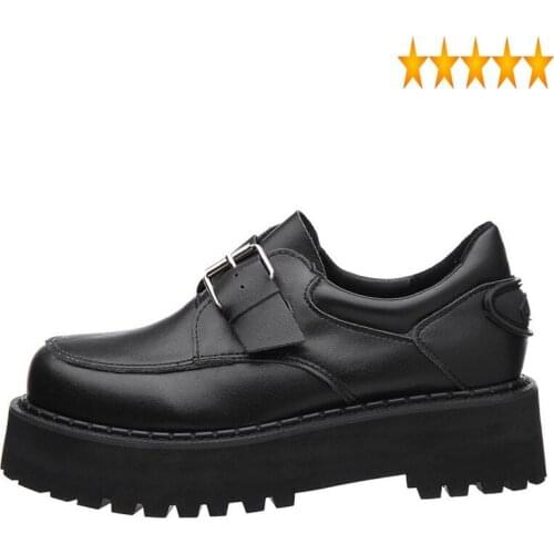 Thick Women Leather Harajuku Retro Platform Shoes Ladies Punk Buckle Casual Wedges Pumps Round Toe Slip On Preppy Style Footwear