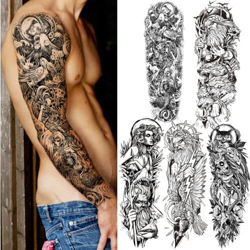 Full Sleeve Warrior Temporary Tattoos For Men Women Black God Owl Skeleton Tattoo Sticker Fake Body Art Drawing Tatoos Long Size