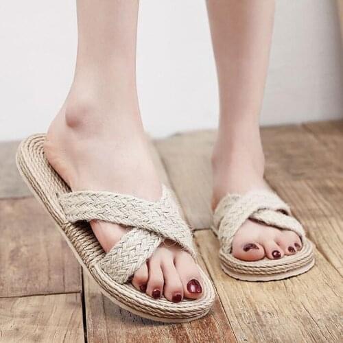 Women Slippers Summer Shoes Outdoors Indoor Home Soft Bottom Slides Ladies Non-slip Imitation Straw Beach Sandal Slipper qq387