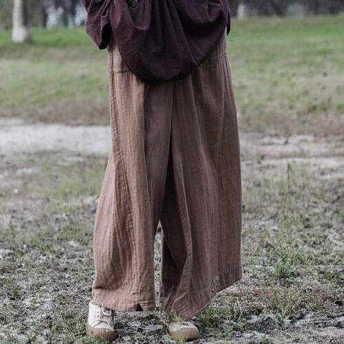 Johnature Women Vintage Wide Leg Pants Elastic Waist Solid Color Trouser 2021 Spring New Cotton Soft Women Casual Long Pants