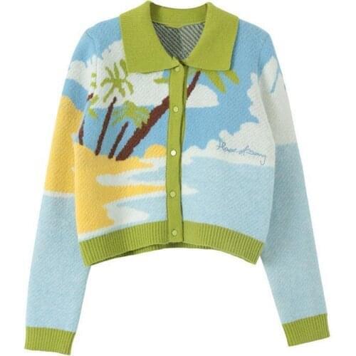Women Winter Cardigans With Turn-Down Collar Seaside Scenery Print Long Sleeve Knitted Outwear Green Yellow Coat
